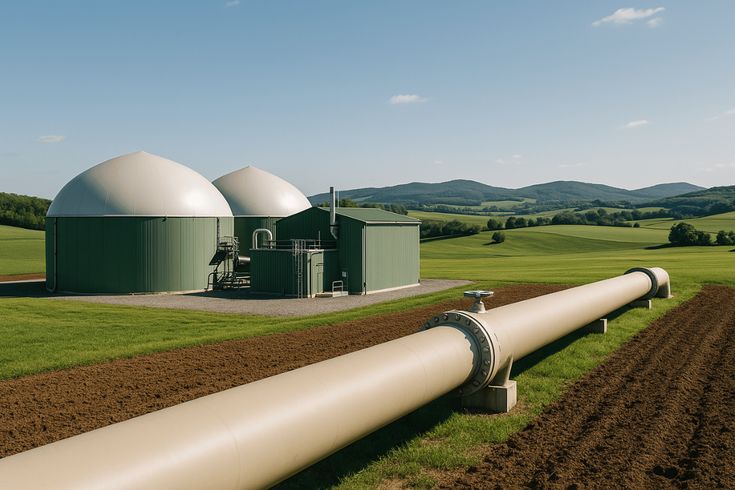 Biogas plant with storage tanks and pipeline in a green landscape, under a clear blue sky.