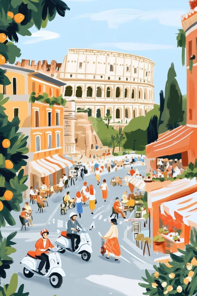 Épinglé par นู๋นุ่นหน่ะ โกยโลด sur Graphic 2020 Illustration of a vibrant Italian street with scooters, cafes, and the Colosseum in the background. | Sky Rye Design Illustration of a vibrant Italian street with scooters, cafes, and the Colosseum in the background.