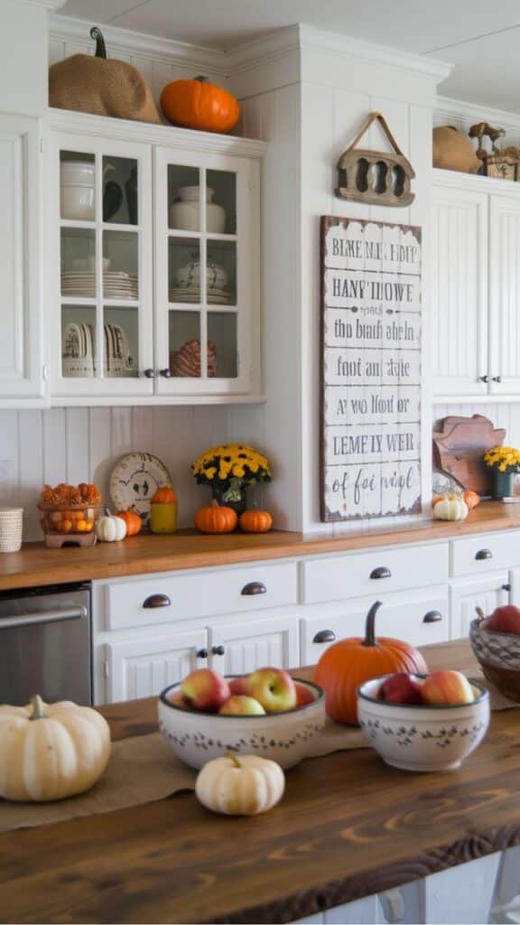 Cozy kitchen fall decor with pumpkins, apples, and autumn-themed signs on wooden shelves and countertops.