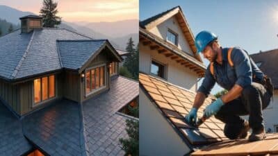 House with a slate roof at sunset and a worker installing shingles on a roof in daylight.