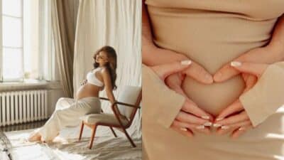 Pregnant woman in serene setting with hands forming heart over belly, symbolizing love and anticipation.