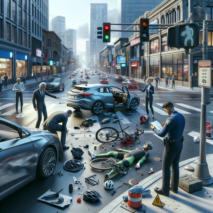 City street accident scene with damaged bicycle, cars, and emergency response. Urban traffic safety focus.