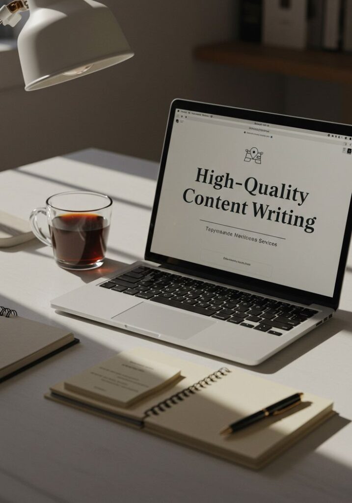Laptop displaying High-Quality Content Writing on desk with coffee and notebooks, under a desk lamp.