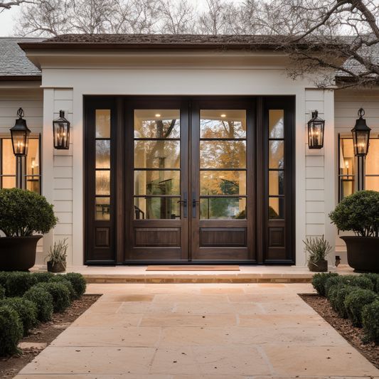 Elegant front entryway with double doors, glass panels, and outdoor lanterns. Symmetrical landscaping enhances the inviting design.