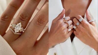 Hands adorned with elegant diamond rings, showcasing various styles and cuts on a white background.