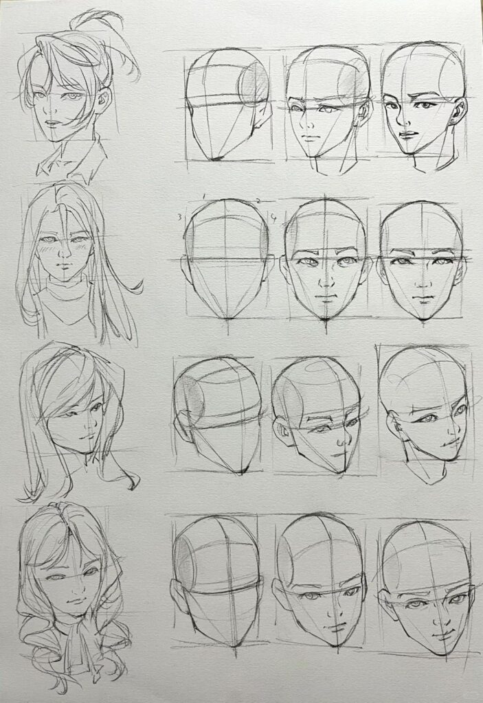 Anime character head sketch guide, showcasing various angles and facial proportions for artists.
