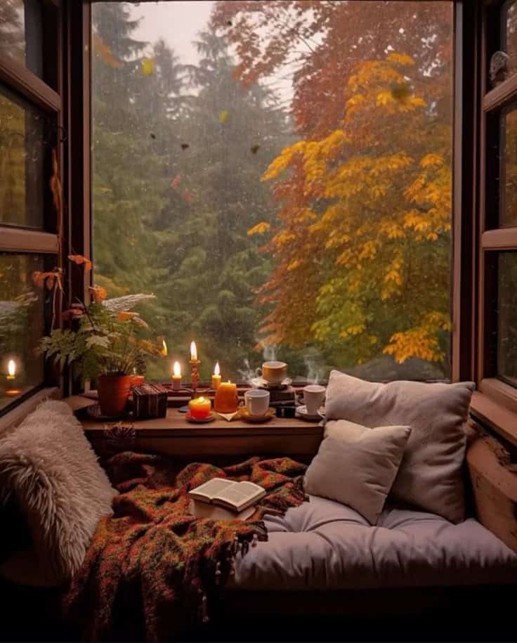 Cozy window nook with autumn view, candles, pillows, and an open book, ideal for relaxing on a rainy fall day.