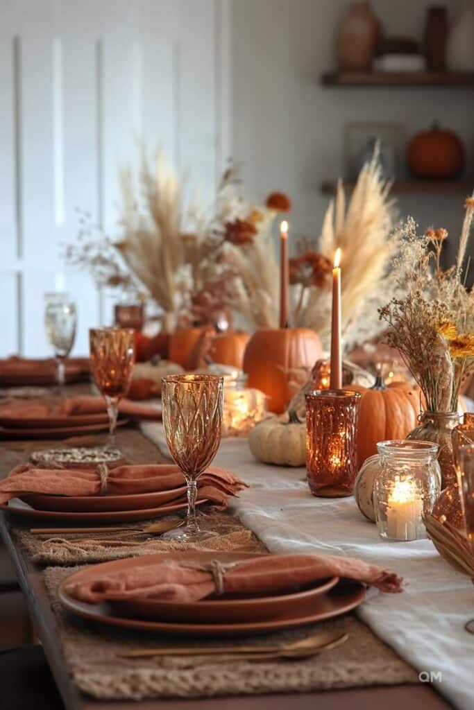 Elegant autumn table setting with candles, pumpkins, and dried flowers for Thanksgiving or fall celebration.