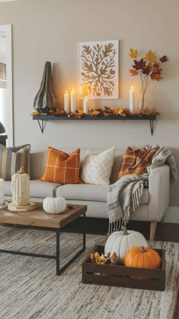 Cozy autumn living room decor with pumpkins, candles, and fall-themed accents on a beige couch and wooden shelf.