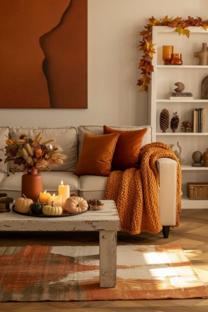 Cozy autumn-themed living room with orange decor, candles, and pumpkins on a rustic coffee table.