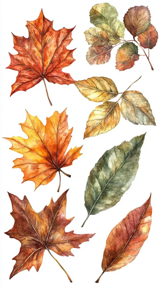 Watercolor illustration of autumn leaves in various colors and shapes on a white background.