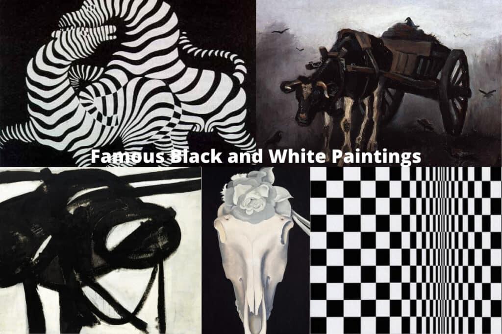 Collage of famous black and white paintings featuring abstract and realistic styles with zebras, skulls, and patterns.