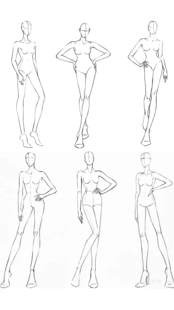 Fashion figure sketches in various poses, highlighting body proportions for design and illustration.