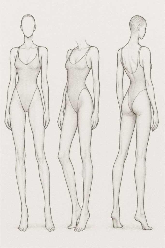 Fashion design sketch: three female figures in swimsuits, front, side, and back views.