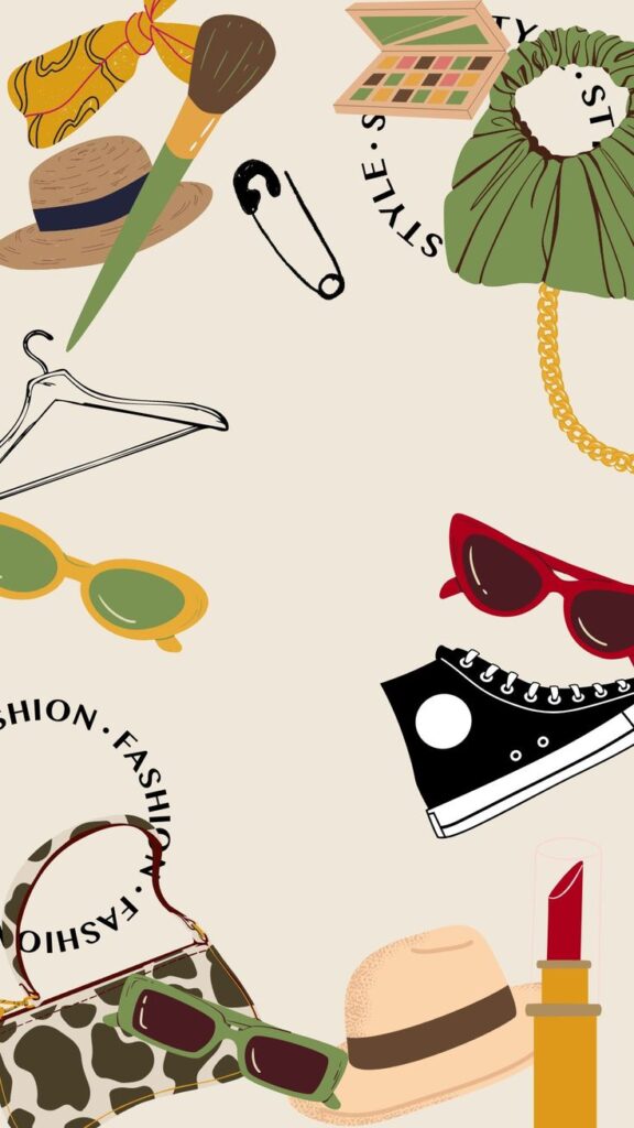 Fashion and beauty essentials illustration with hats, sunglasses, makeup, and handbag on a stylish background.