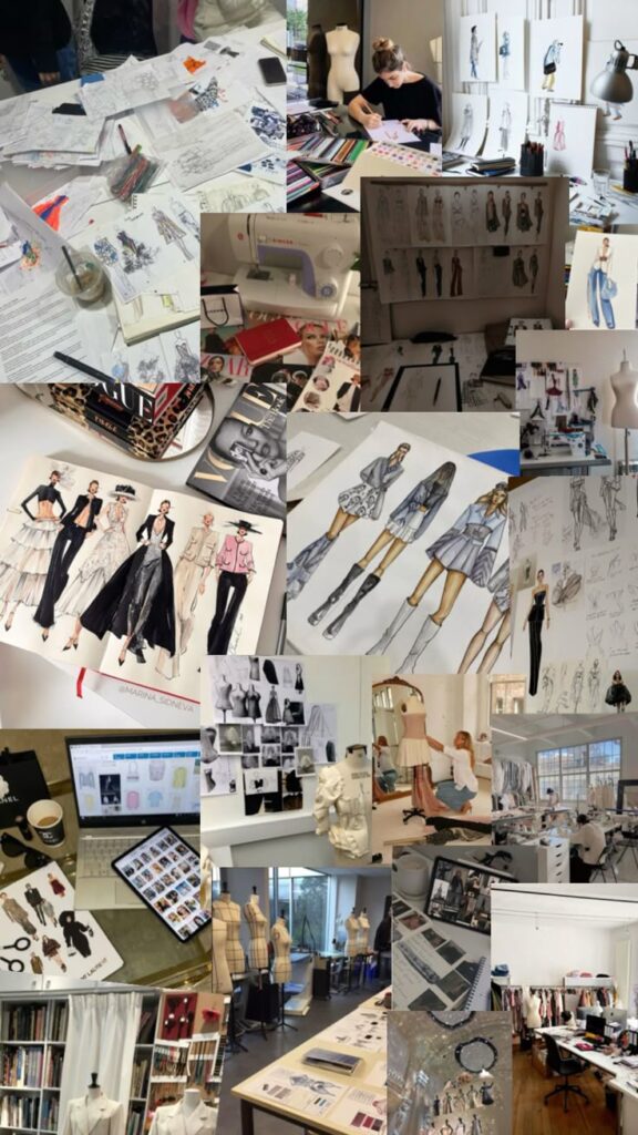 Fashion design studio with sketches, mannequins, and sewing materials in creative workspace environment.