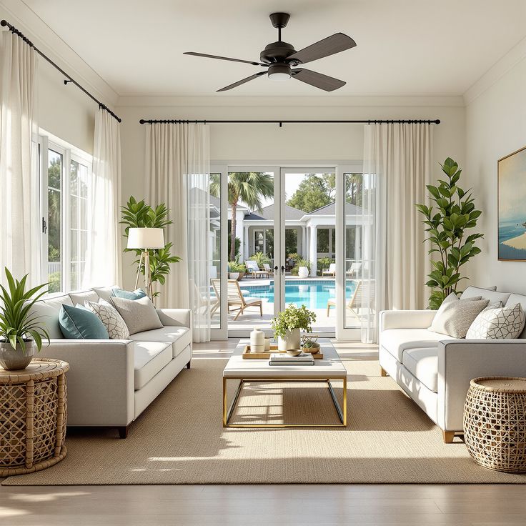 Modern living room with large windows, pool view, cozy white sofas, indoor plants, and coffee table centerpiece.