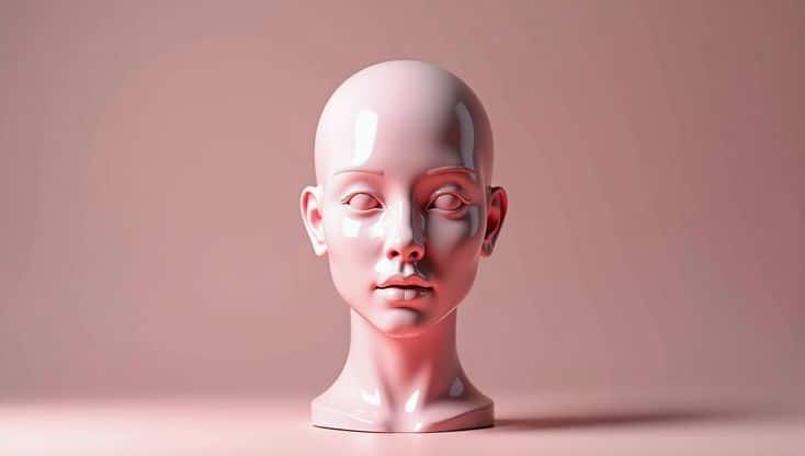 Sleek pink mannequin head with a smooth, reflective surface on a soft pink background.