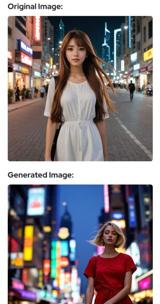 Two women in urban night scenes, one in white on a busy street, another in red with colorful light signs.