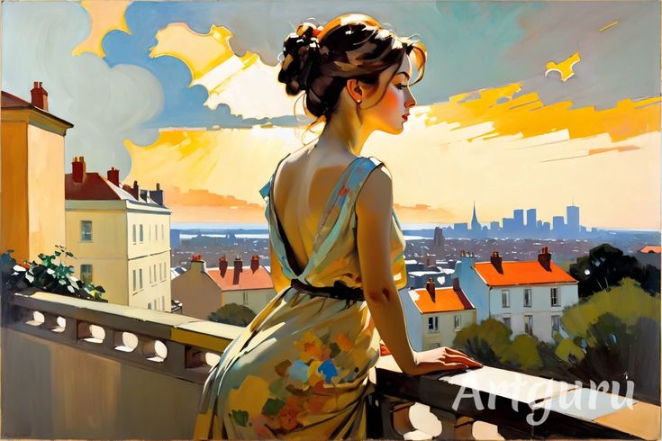 Woman in colorful dress gazes at city skyline from balcony during vibrant sunset, blending urban and natural beauty.