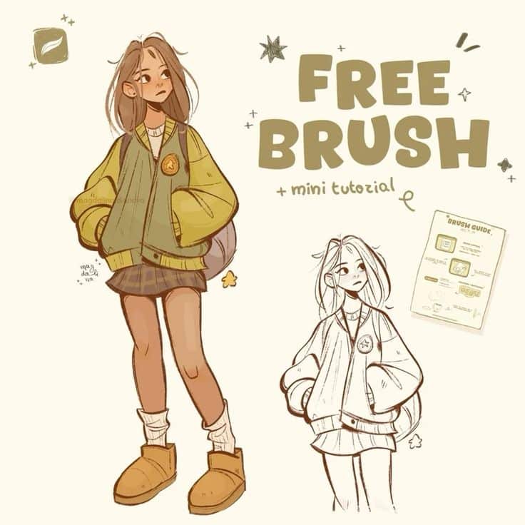 Illustration of a girl in trendy clothes with a Free Brush tutorial and guide for artists.