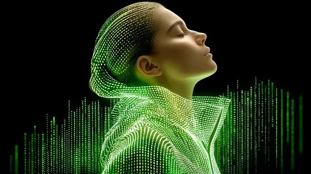 A person in a digital green matrix, eyes closed, symbolizing technology and virtual reality.
