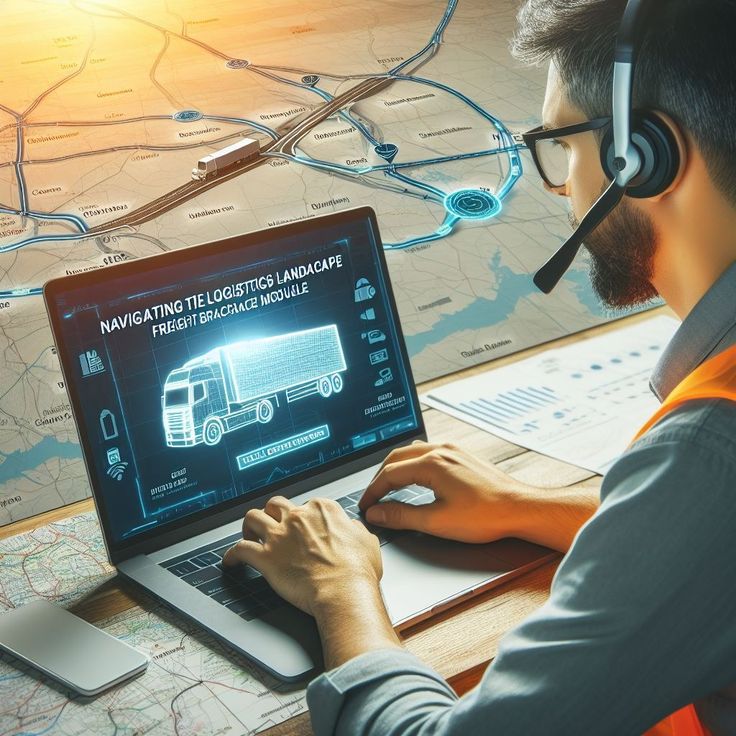 Man using logistics software on laptop to monitor freight transport routes on a digital map.