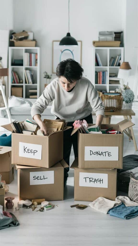 From Chaos to Calm_ Declutter Like a Pro 💪 Person organizing items into boxes labeled Keep, Donate, Sell, and Trash in a cluttered room. | Sky Rye Design Person organizing items into boxes labeled Keep, Donate, Sell, and Trash in a cluttered room.