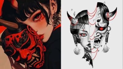 Illustrated woman with red demon mask on left, split demon and woman face on right, black and red theme.