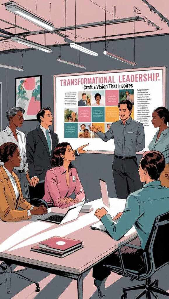 Team discussing transformational leadership strategies in a modern office setting.