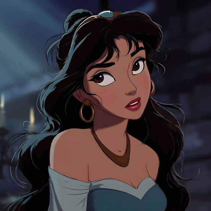 Animated character with long dark hair and gold jewelry, looking upwards with an expressive gaze in a dimly lit setting.