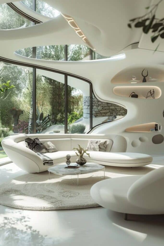 Futuristic living room with modern furniture and large windows overlooking a lush garden.