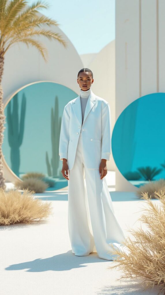 Model in stylish white suit poses outdoors against a modern, architectural backdrop with palm trees and blue accents.