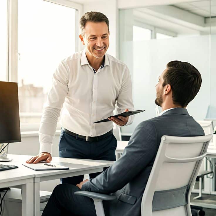 Two businessmen discussing a project in a modern office, one standing and holding a tablet, the other sitting at a desk.