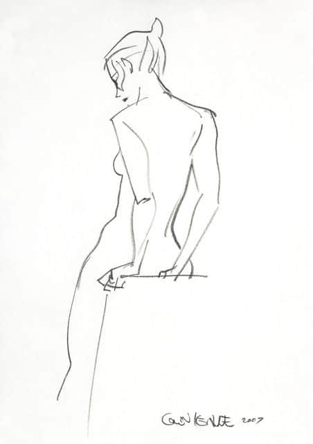 Minimalist sketch of a seated woman, drawn in black lines on white background, capturing elegance and simplicity.