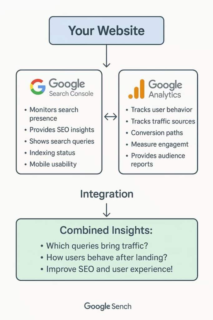 Diagram showing integration of Google Search Console and Analytics for combined SEO insights and user behavior analysis.