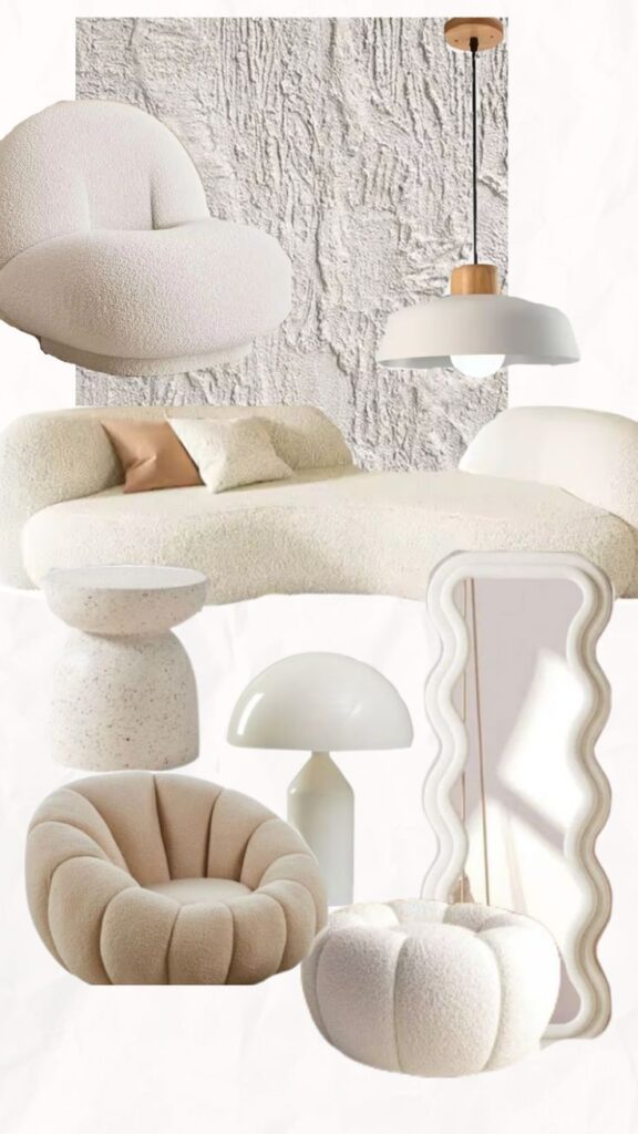 Modern cozy furniture and lighting collage with textured chairs, sofas, lamp, and decorative items in neutral tones.