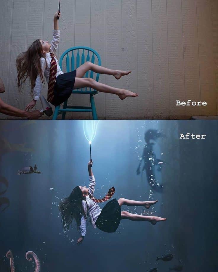 Before and after photo edit of a girl floating, turning a chair scene into an underwater magic realm with sea creatures.