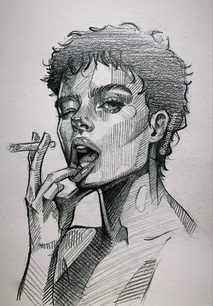 Sketch of a person with short hair holding a cigarette, showcasing detailed shading and expression.