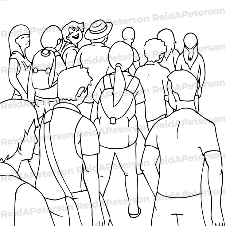 Illustration of a diverse group of people walking forward, wearing backpacks and casual clothes.