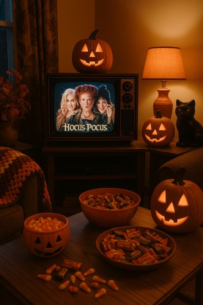 Cozy Halloween scene with Hocus Pocus on TV, jack-o'-lanterns, candy, and festive decor.