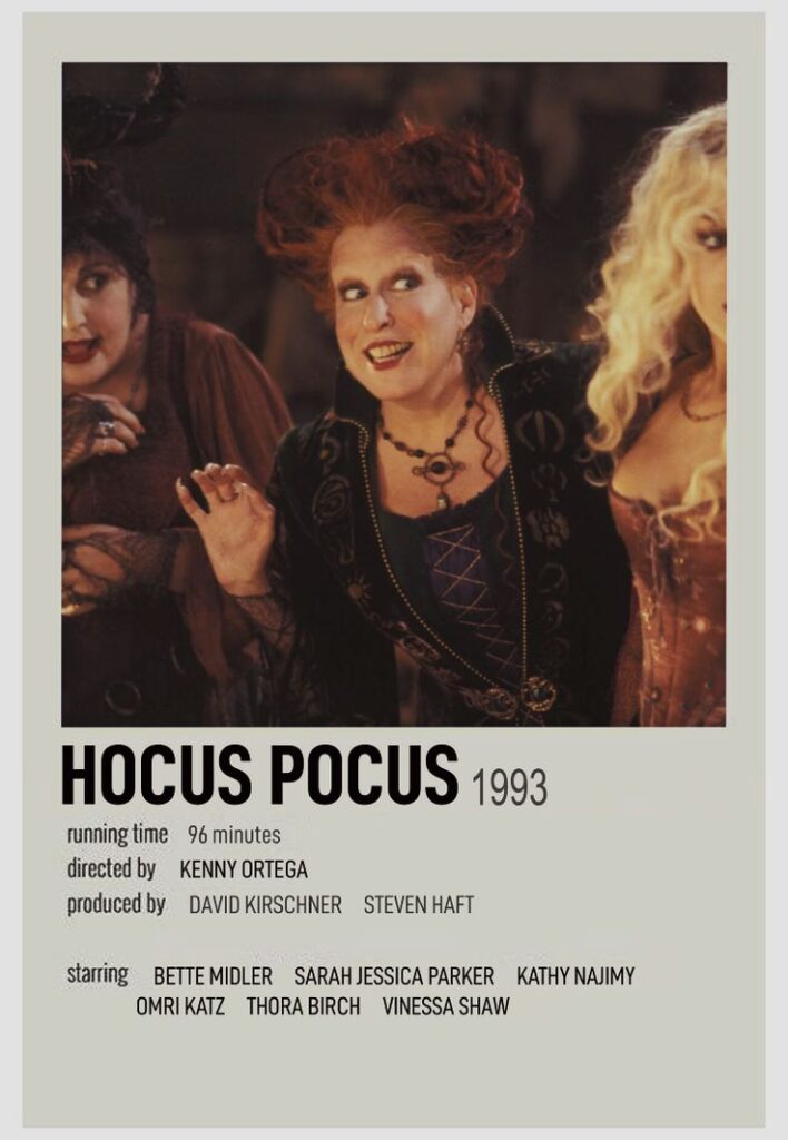 Hocus Pocus 1993 movie poster featuring three witches with detailed credits including director and starring actors.