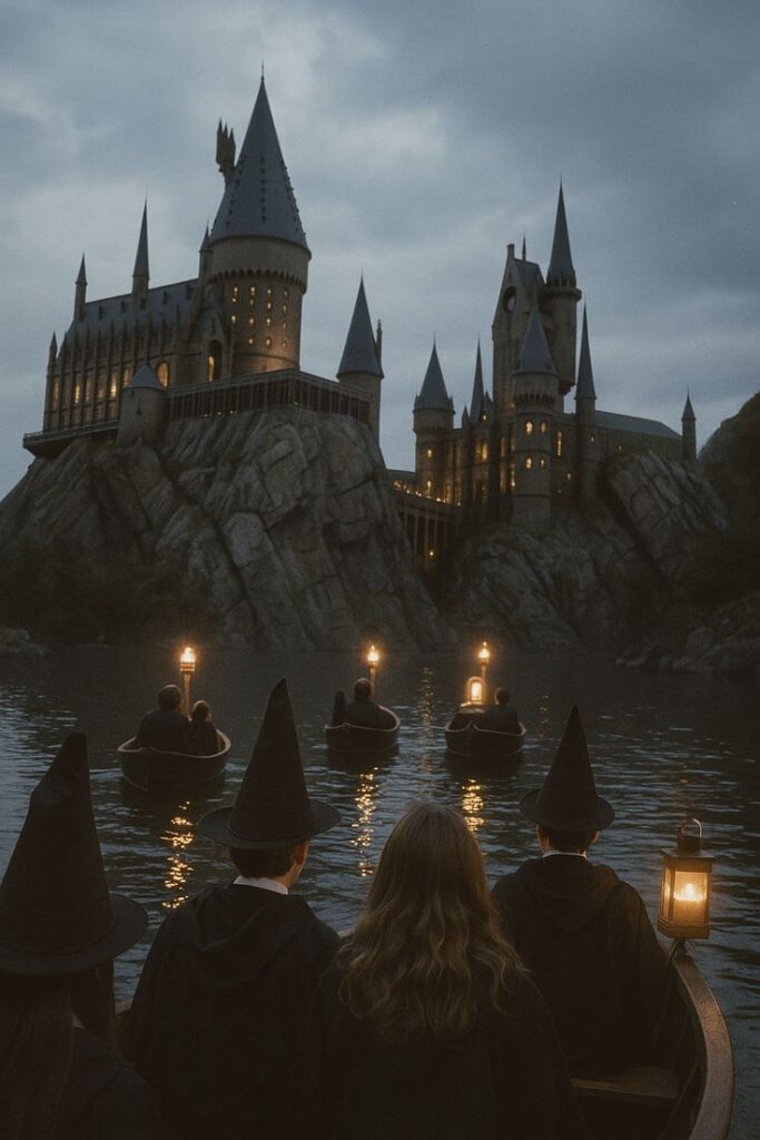 Wizards in boats approach a magical castle at dusk, with glowing lanterns illuminating the way across the water.
