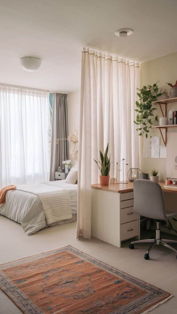 Cozy bedroom and study area with plants, a desk, and a bed, separated by a curtain, decorated in neutral tones.