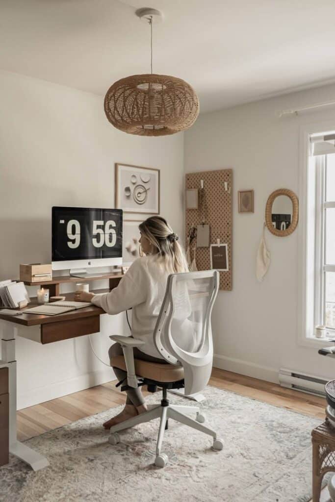 Woman working at a minimalist home office desk with computer, modern decor, and natural light.