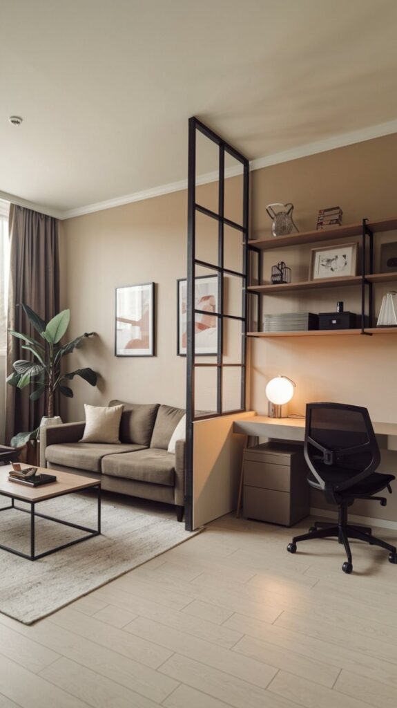 Modern living room with cozy sofa, stylish desk, and open shelving, illuminated by soft lighting.