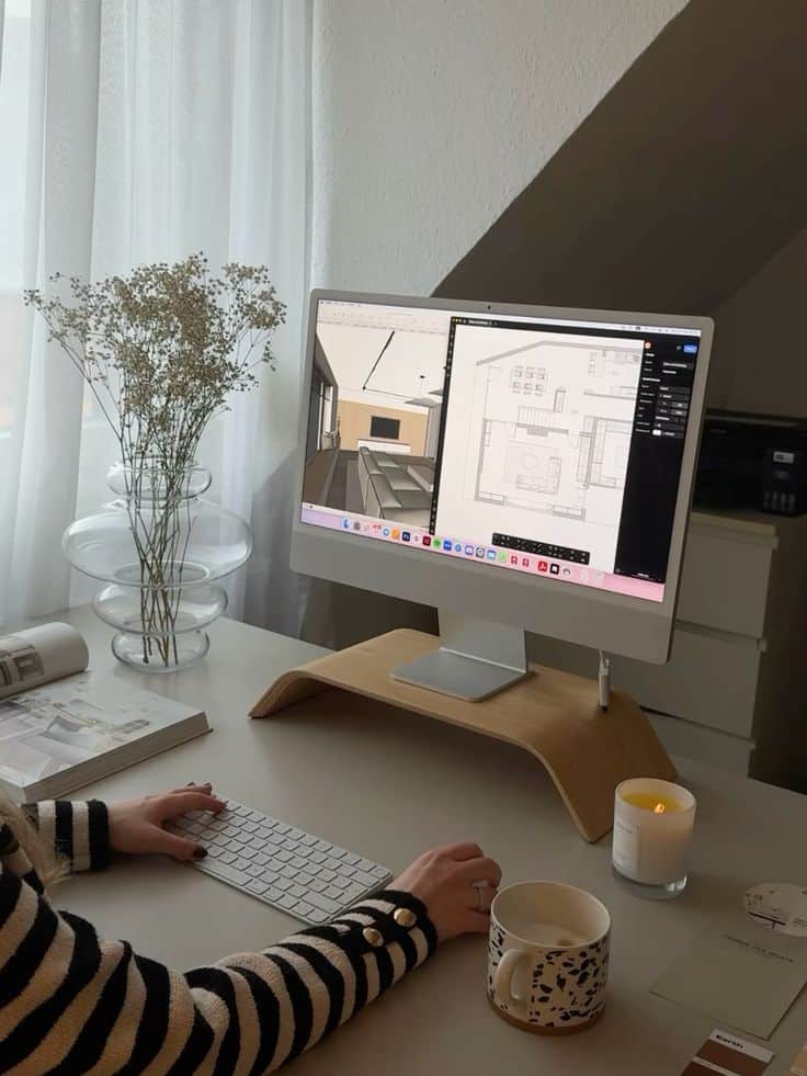 Person working on interior design project at computer in a cozy office setup with coffee and candle.