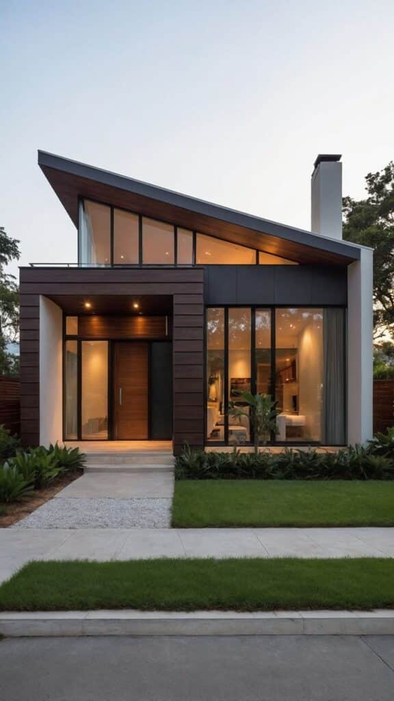 Modern minimalist house with large windows, sloped roof, and lush green lawn at dusk.