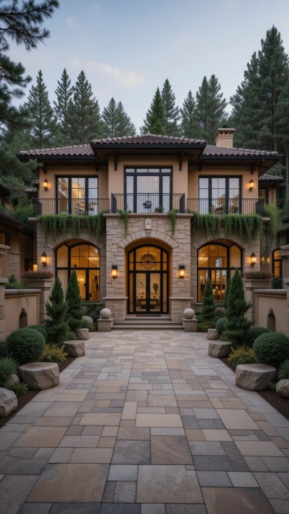 Luxurious stone house exterior with tall windows, surrounded by lush greenery and a spacious paved driveway.