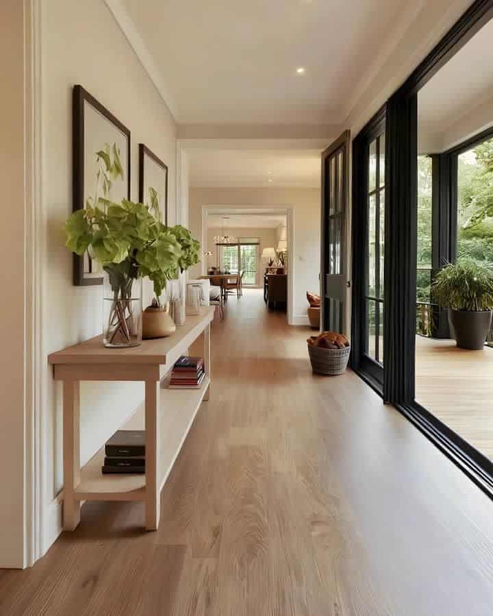 Modern hallway with wooden floor, wall art, and potted plants, leading to a sunlit dining area with large windows.